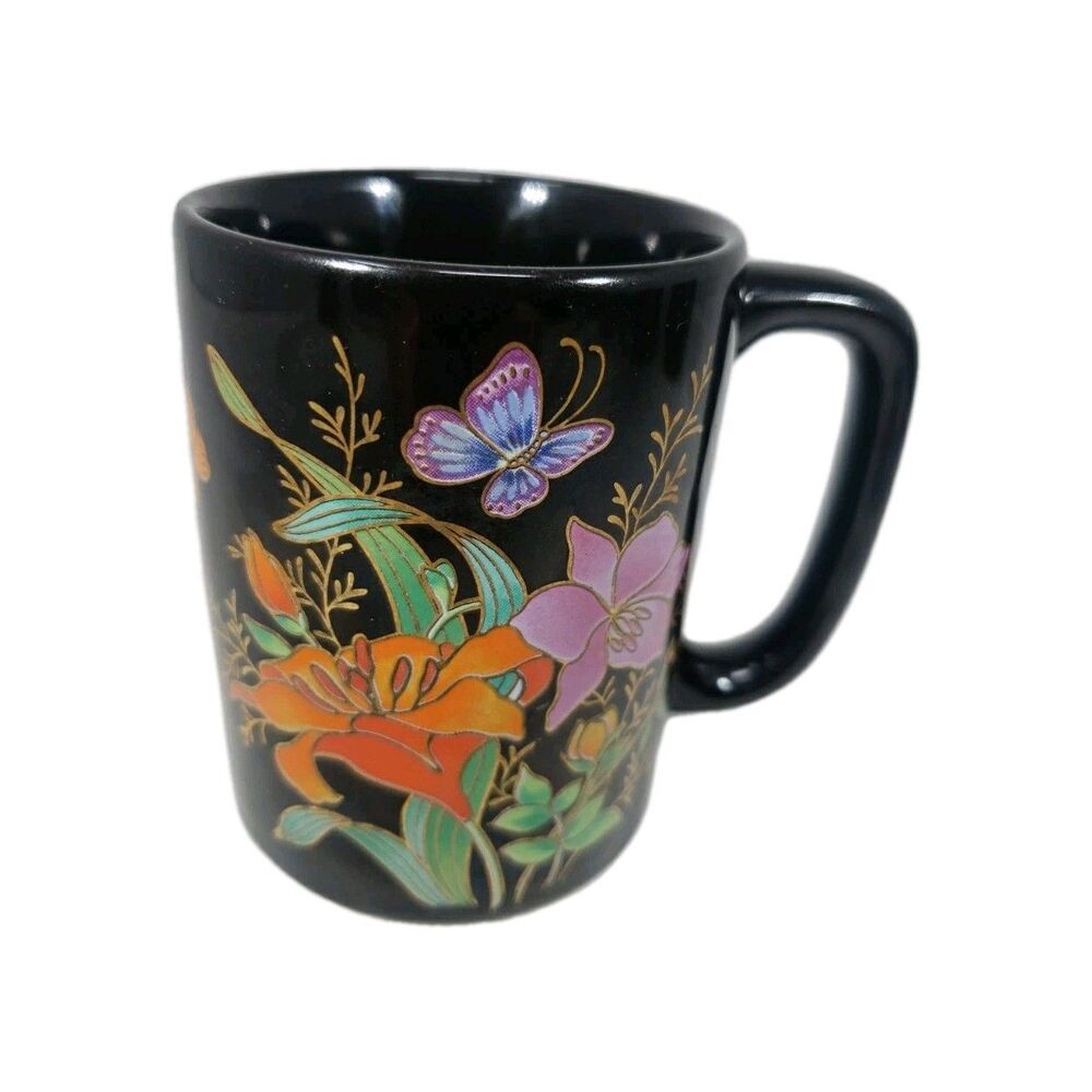 Otagiri Floral Butterfly Coffee Mug Black Japan Gibson Greeting Cards VTG 1980s